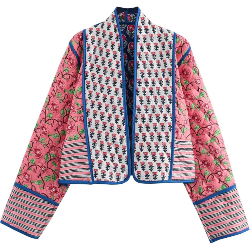 imageFlygo Women Cropped Puffer Jacket Cardigan Floral Printed Quilted Coats Lightweight Open Front Crop Padded Down Jackets01 Red