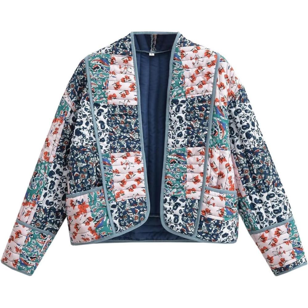 imageFlygo Women Cropped Puffer Jacket Cardigan Floral Printed Quilted Coats Lightweight Open Front Crop Padded Down Jackets02 Blue