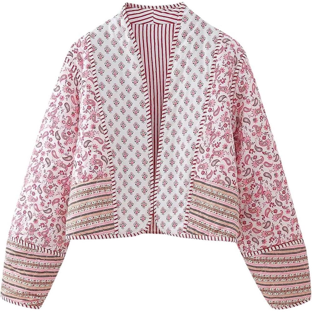 imageFlygo Women Cropped Puffer Jacket Cardigan Floral Printed Quilted Coats Lightweight Open Front Crop Padded Down Jackets03 Pink