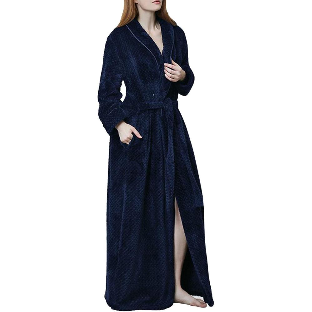 imageFlygo Women Fleece Long Robe Plush Long Bathrobes Soft Warm Sleepwear Pjs Loungewear with PocketsBlueM