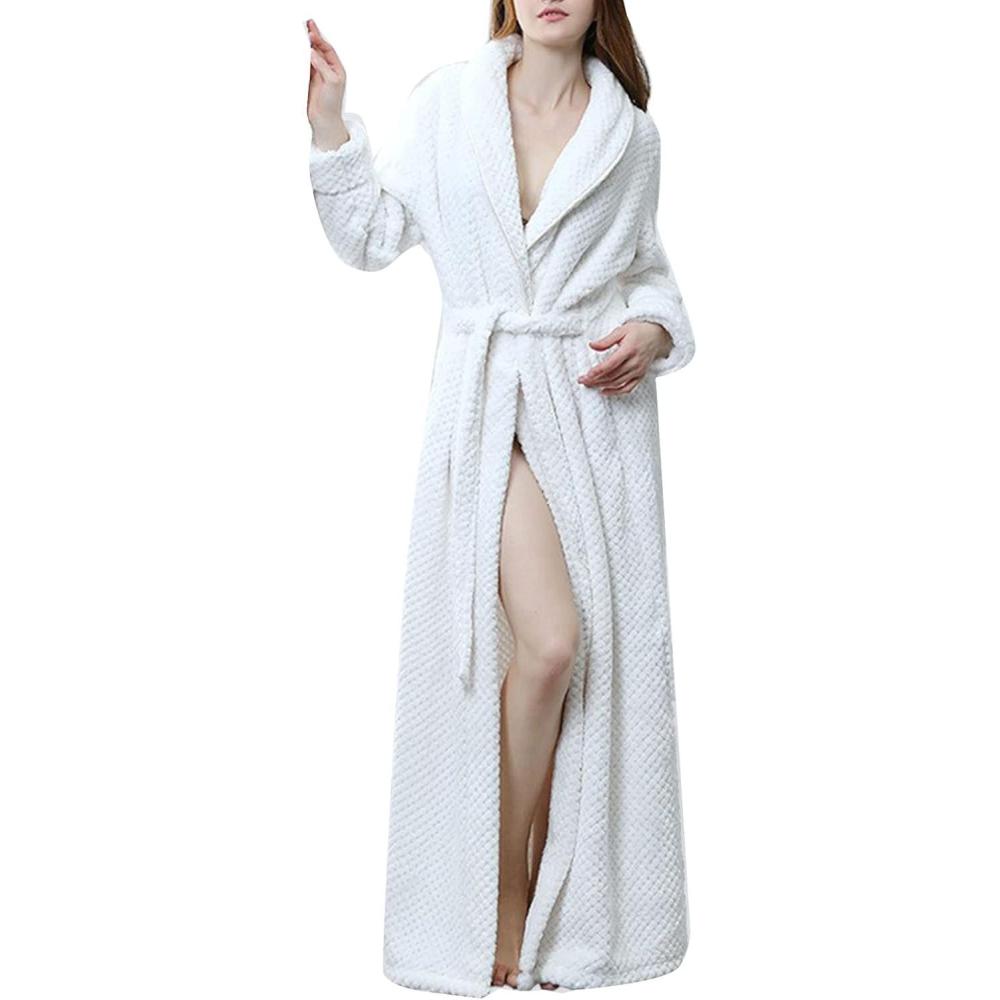 imageFlygo Women Fleece Long Robe Plush Long Bathrobes Soft Warm Sleepwear Pjs Loungewear with PocketsWhiteL