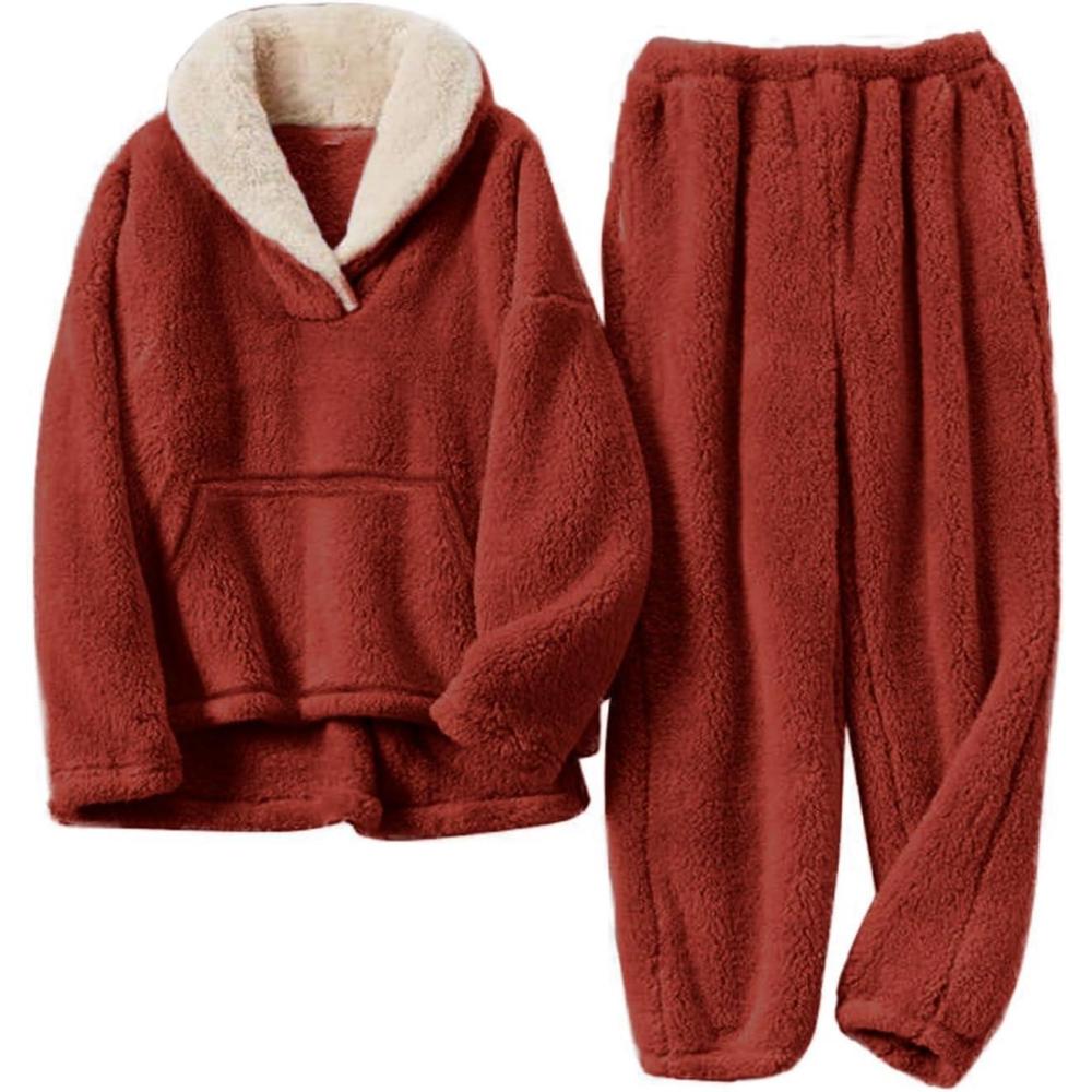imageFlygo Women Fuzzy Warm Fleece Pajamas Sets Winter Flannel Sleepwear Fluffy Pajama Pullover Top Lounge Pants Set02 Redkangaroo Pocket