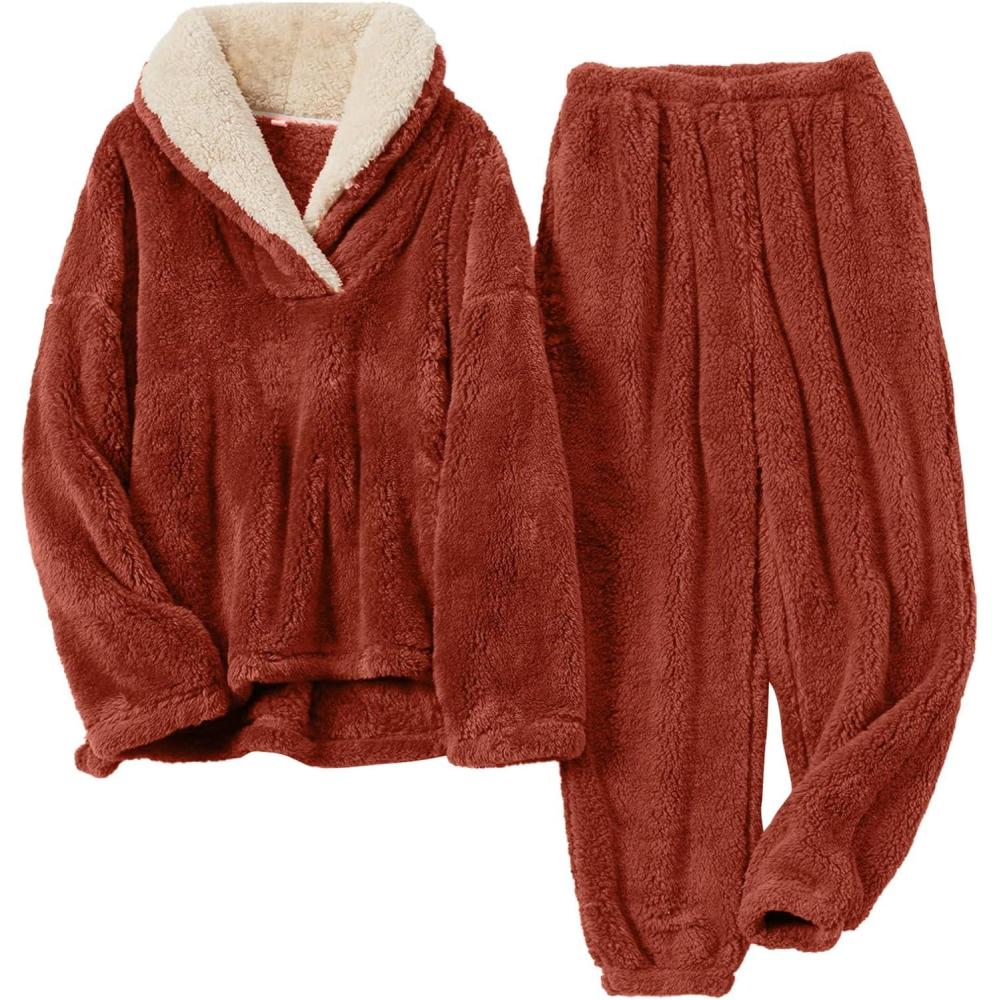 imageFlygo Women Fuzzy Warm Fleece Pajamas Sets Winter Flannel Sleepwear Fluffy Pajama Pullover Top Lounge Pants SetRed