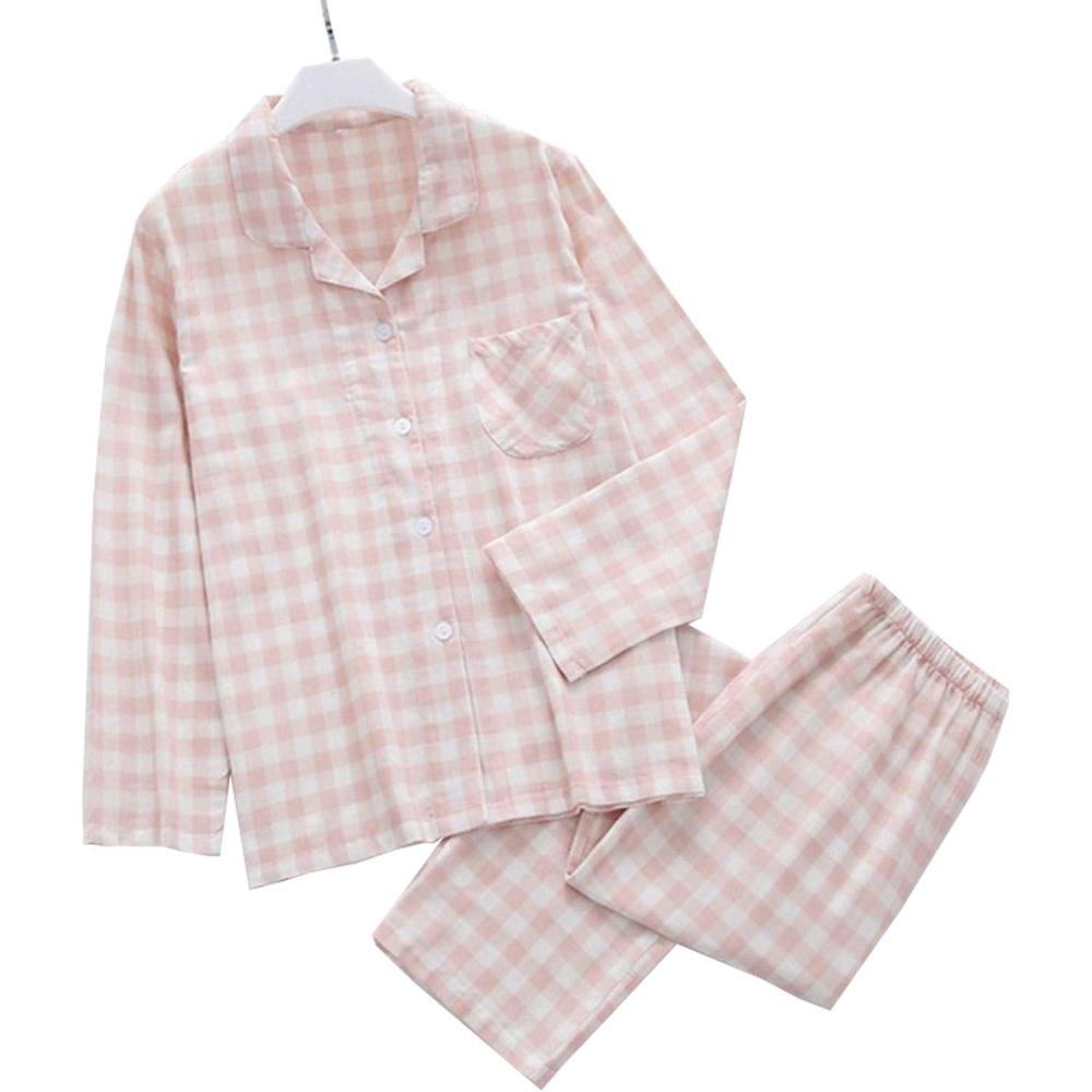 imageFlygo Womens 100 Cotton Plaid Pajamas Set SleepwearPink