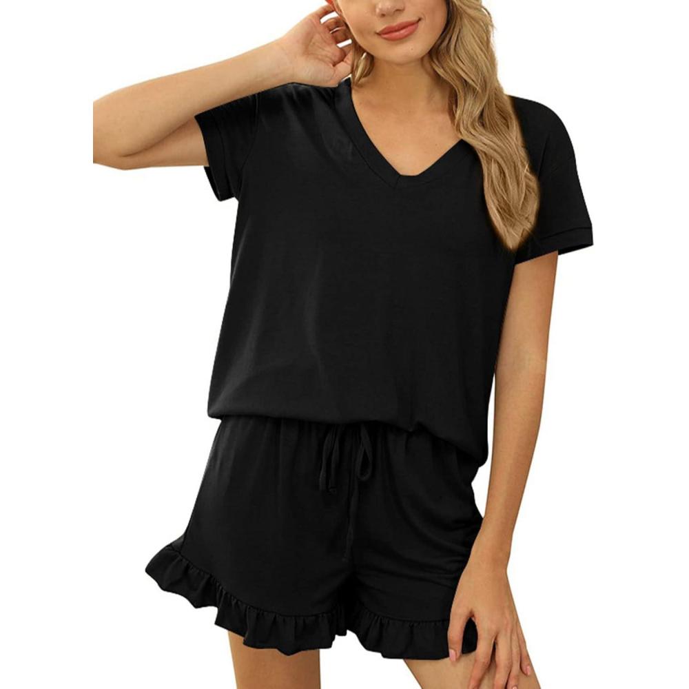 imageFlygo Womens 2 Piece Pajama Set Short Sleeve Tracksuit Sleepwear Scalloped Edges Drawstring Waist ShortsBlack