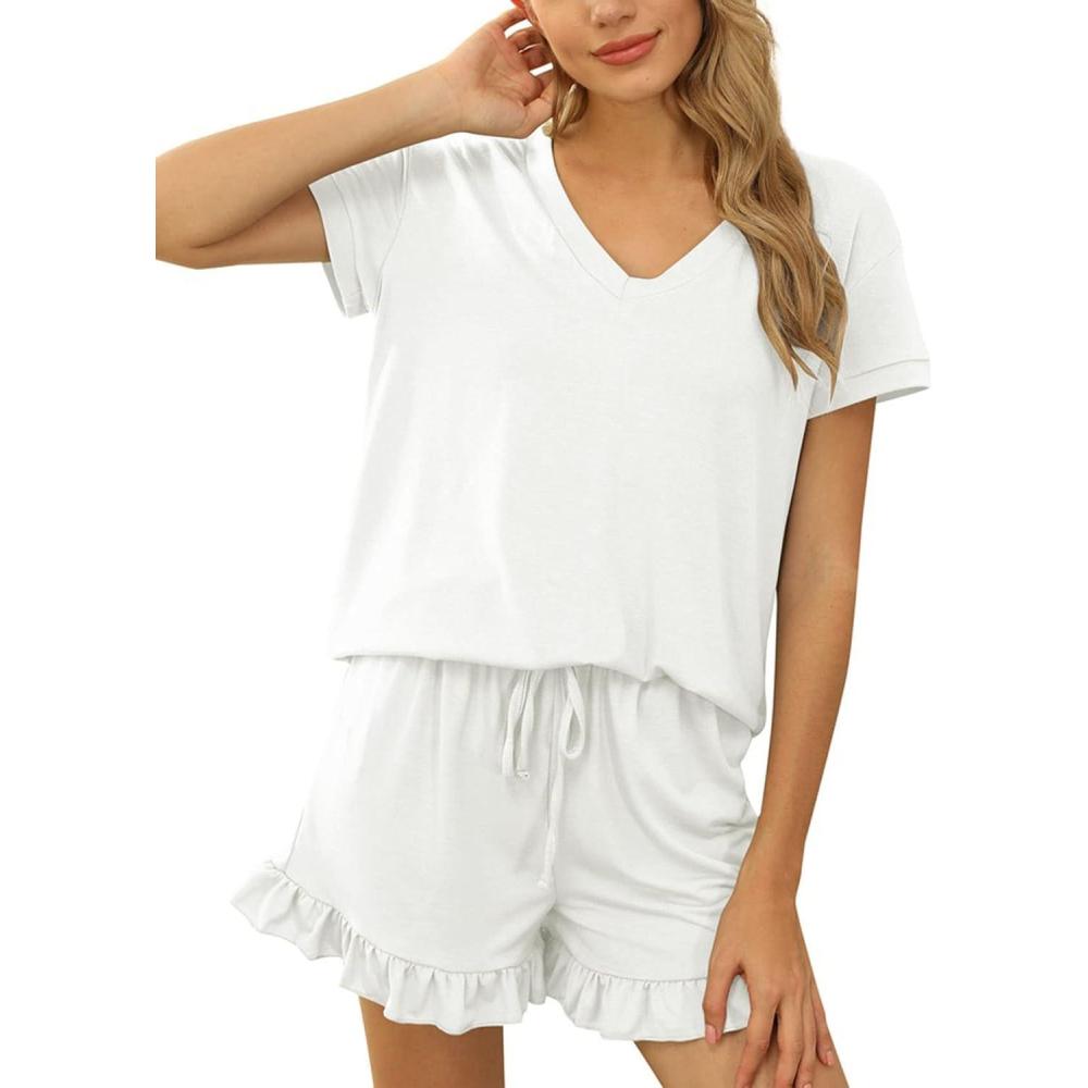 imageFlygo Womens 2 Piece Pajama Set Short Sleeve Tracksuit Sleepwear Scalloped Edges Drawstring Waist ShortsWhite