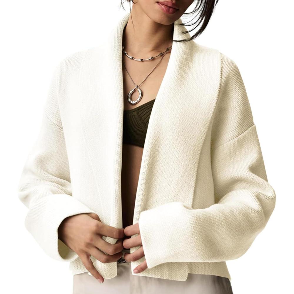 imageFlygo Womens Cropped Cardigan Sweater Oversized Shawl Lapel 2025 Fall Fashion Open Front Sweater Jacket Knit OutwearBeige