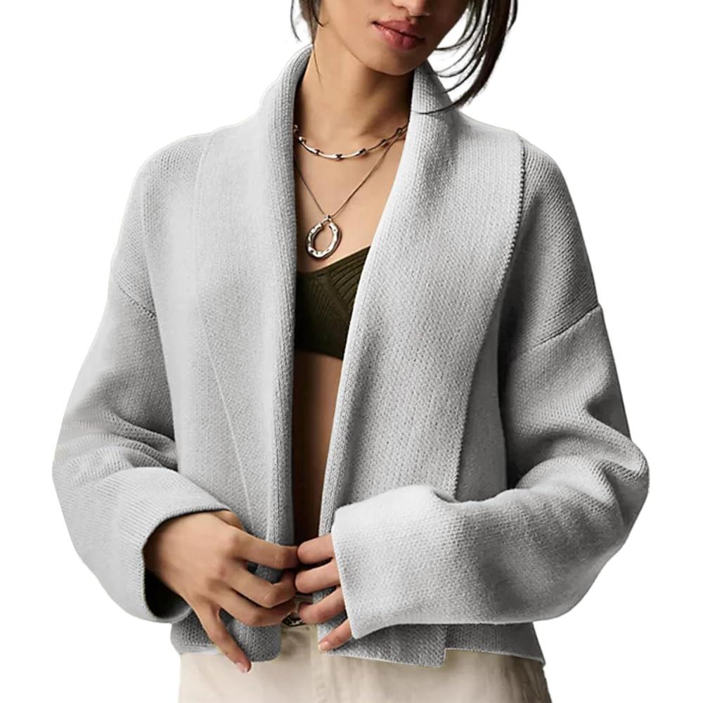 imageFlygo Womens Cropped Cardigan Sweater Oversized Shawl Lapel 2025 Fall Fashion Open Front Sweater Jacket Knit OutwearGrey