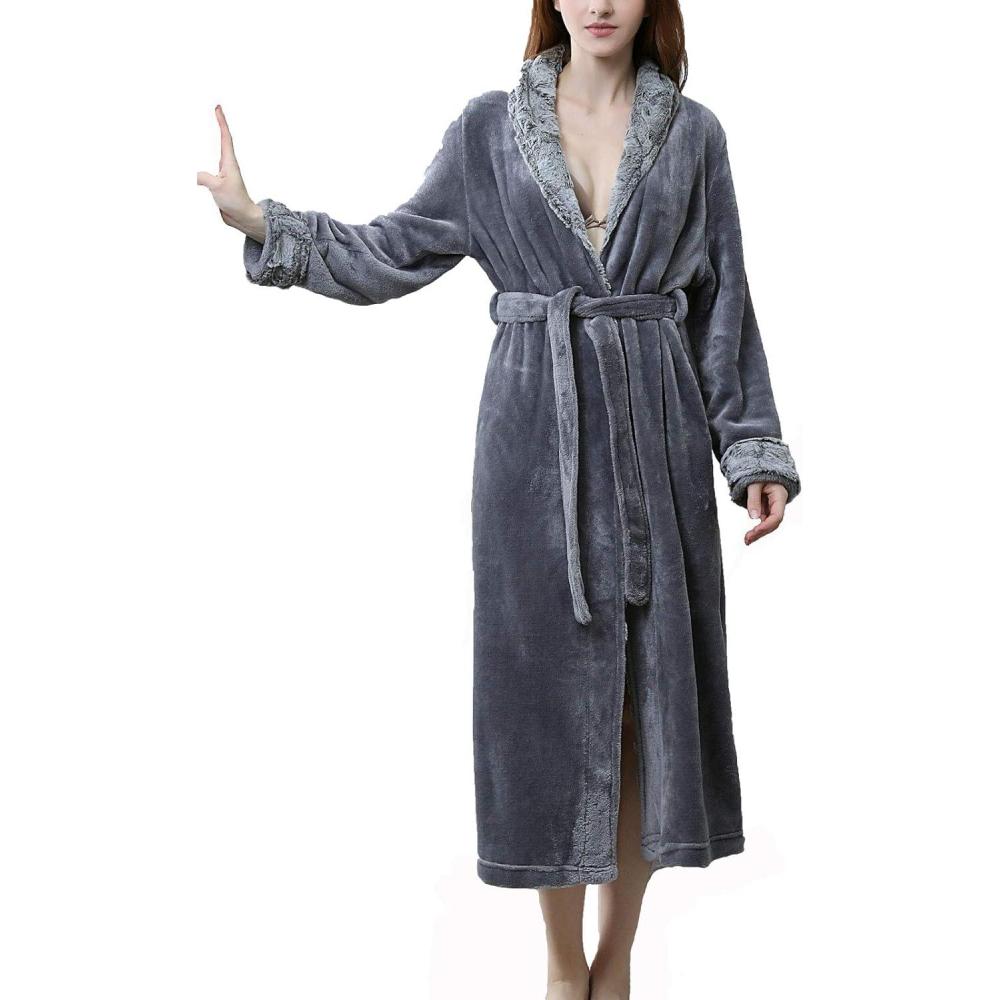 imageFlygo Womens Fleece Flannel Sleepwear Long Plush Bath RobeDark Grey