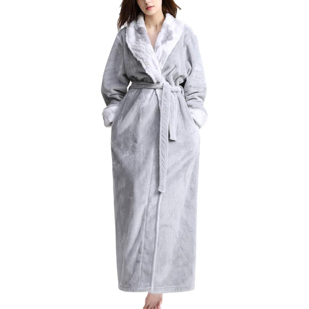 imageFlygo Womens Fleece Flannel Sleepwear Long Plush Bath RobeGrey