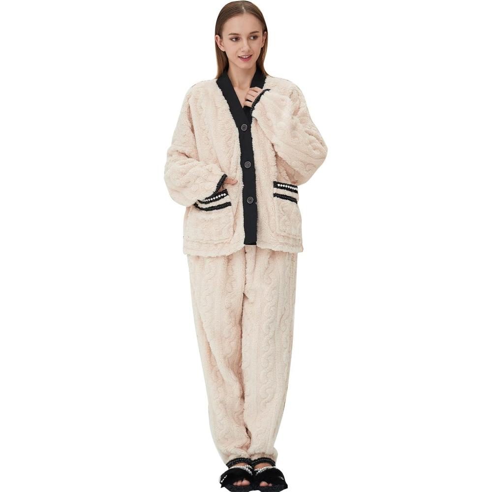 imageFlygo Womens Fluffy Pajama Sets Plush Fleece Tops Pants Loose Fuzzy Sleepwear LoungewearBeige