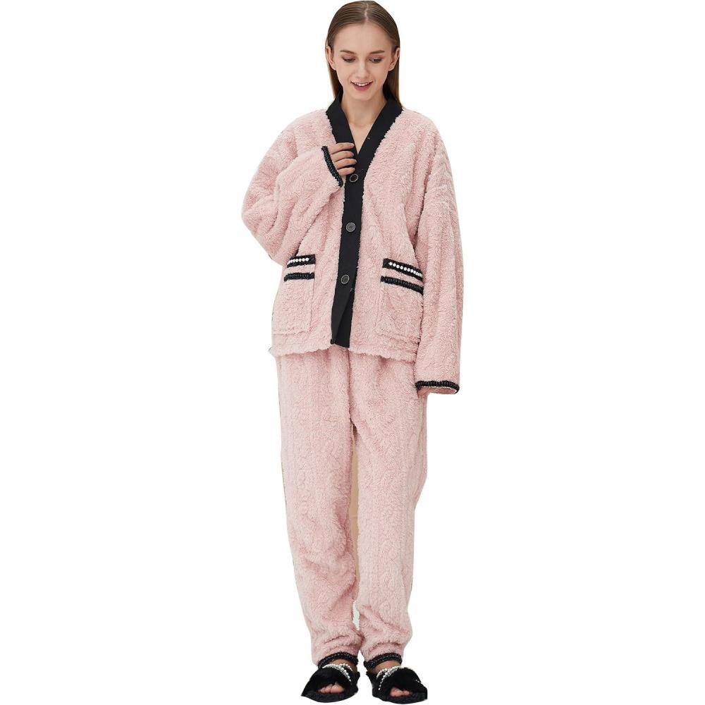 imageFlygo Womens Fluffy Pajama Sets Plush Fleece Tops Pants Loose Fuzzy Sleepwear LoungewearPink