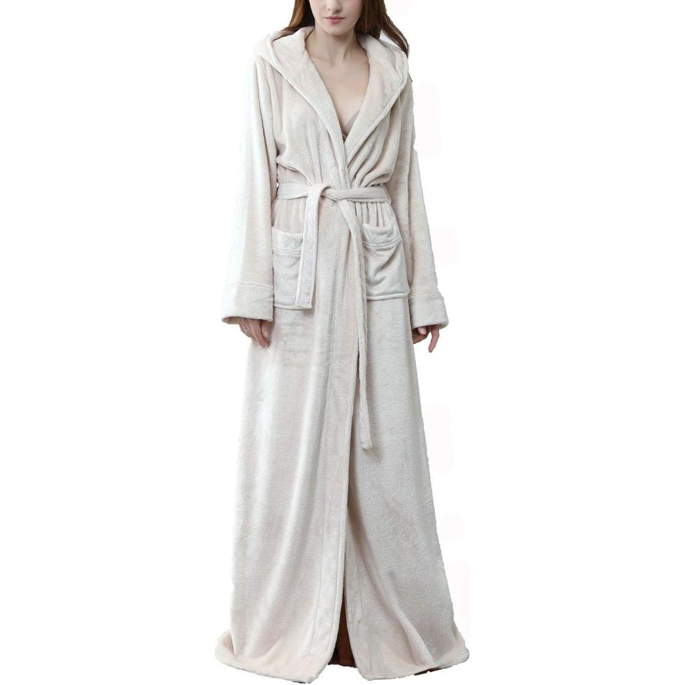 imageFlygo Womens Fuzzy Plush Long Hooded Robe Full Length Flannel Fleece Bathrobe Warm Housecoat Beige Medium