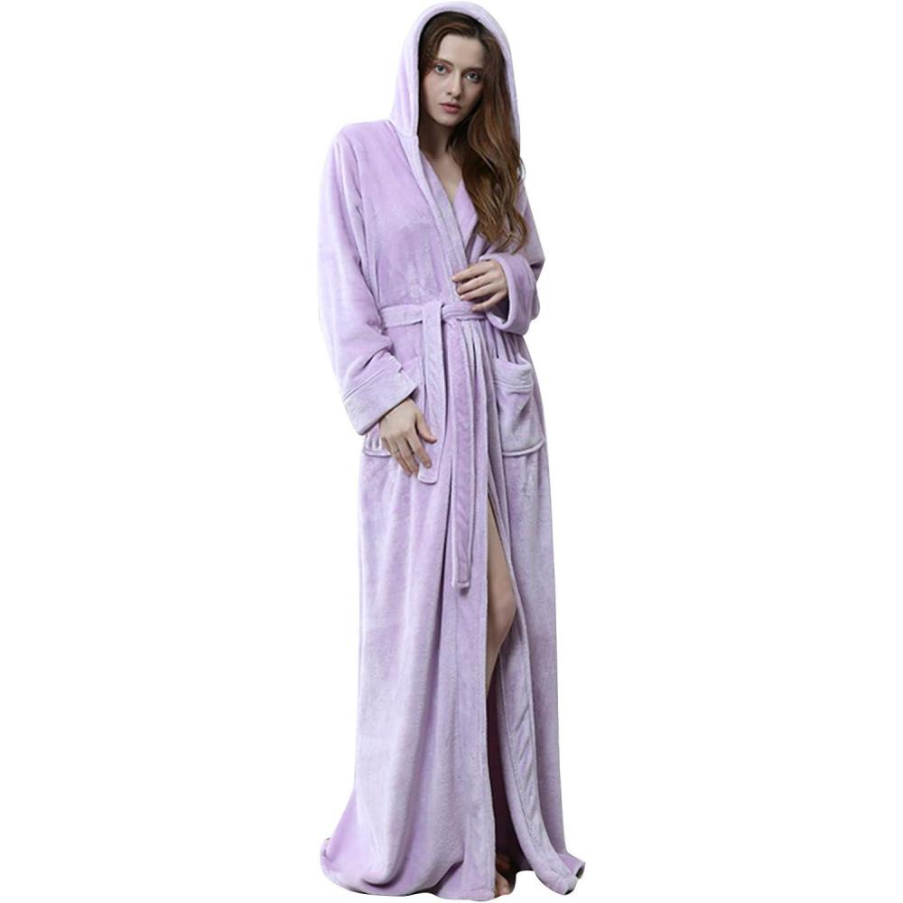 imageFlygo Womens Fuzzy Plush Long Hooded Robe Full Length Flannel Fleece Bathrobe Warm HousecoatLilac