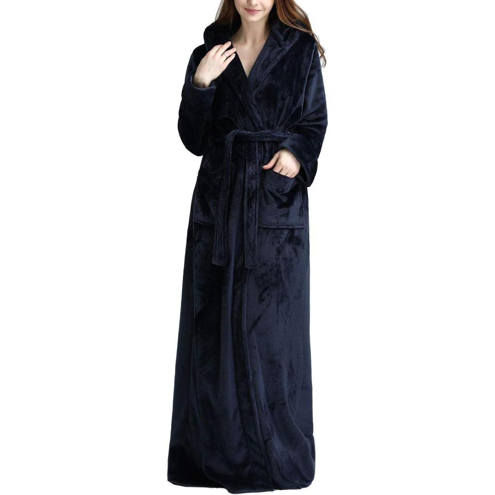 imageFlygo Womens Fuzzy Plush Long Hooded Robe Full Length Flannel Fleece Bathrobe Warm HousecoatNavy