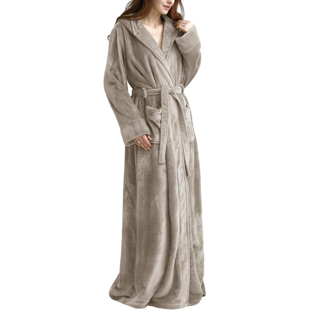 imageFlygo Womens Fuzzy Plush Long Hooded Robe Full Length Flannel Fleece Bathrobe Warm HousecoatOlive Grey