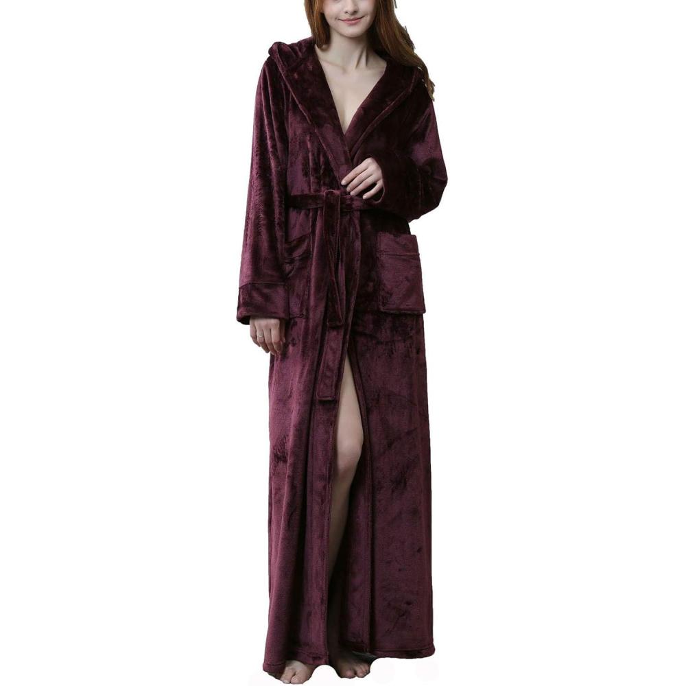 imageFlygo Womens Fuzzy Plush Long Hooded Robe Full Length Flannel Fleece Bathrobe Warm HousecoatWine Red