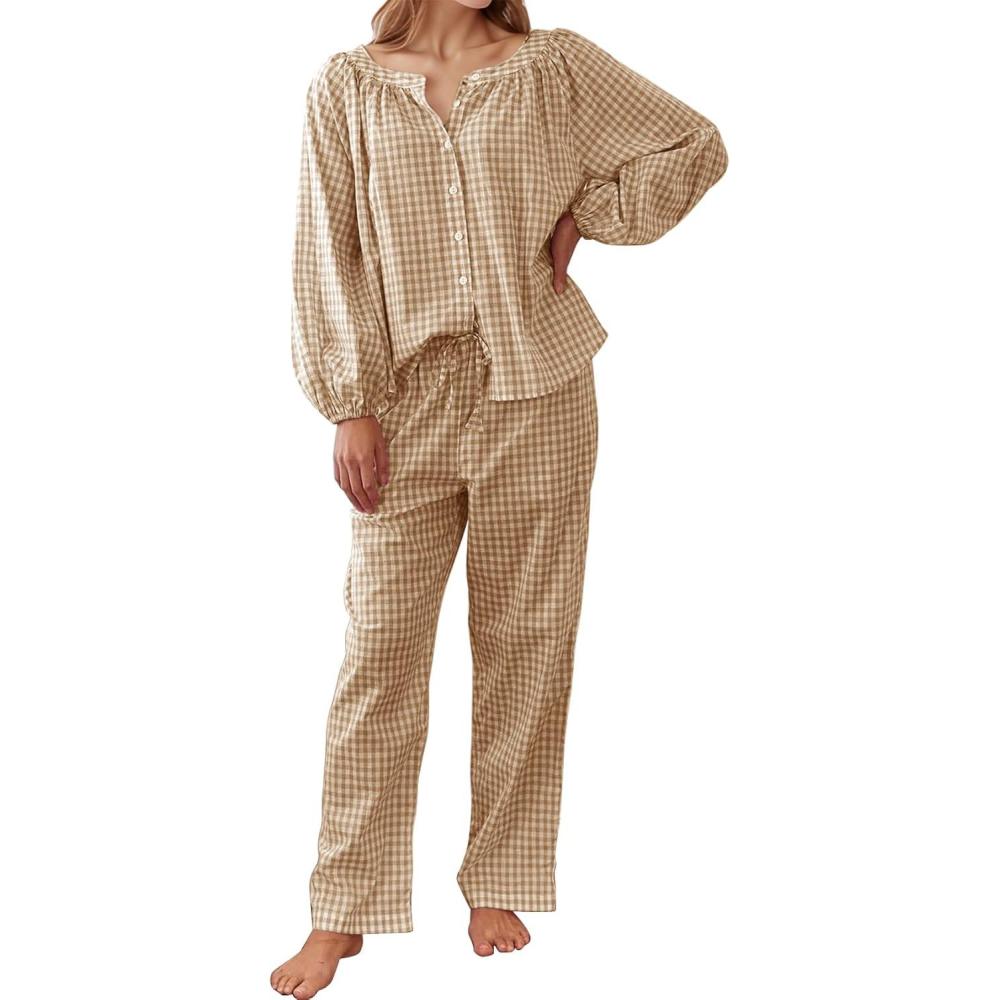 imageFlygo Womens Gingham Pajama Set 2 Piece Cotton Plaid Raglan Sleeve Button Top Straight Leg Pants Pjs Y2K Lounge Set SleepwearBrown