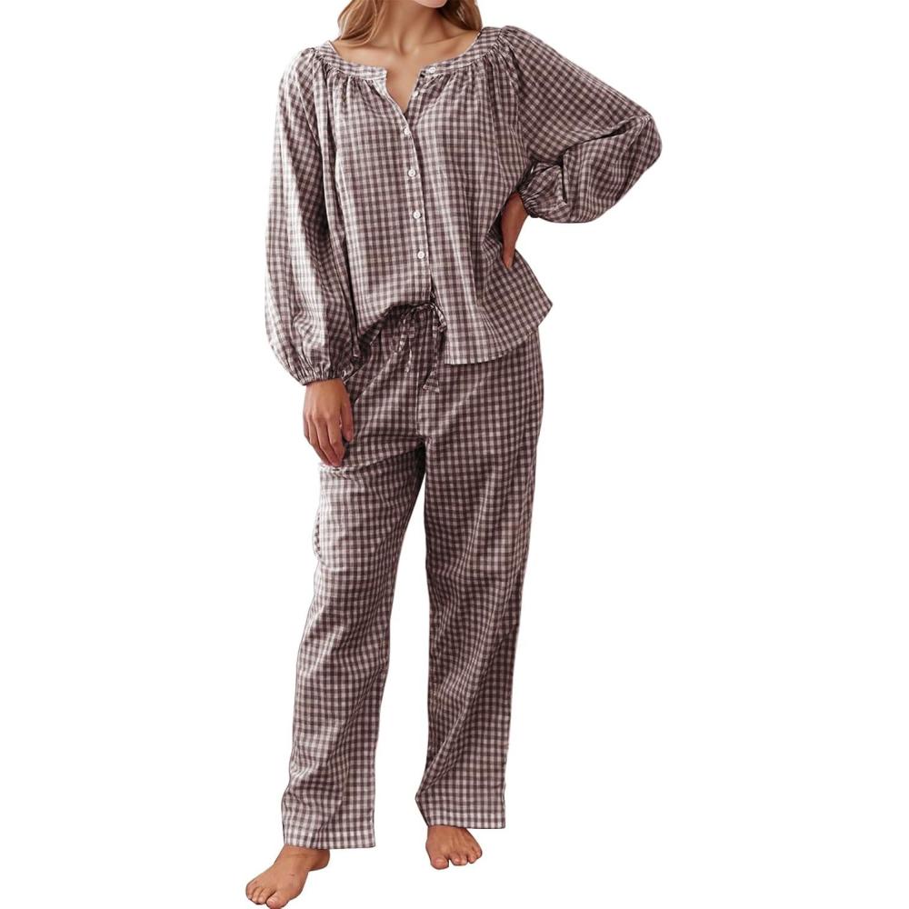 imageFlygo Womens Gingham Pajama Set 2 Piece Cotton Plaid Raglan Sleeve Button Top Straight Leg Pants Pjs Y2K Lounge Set SleepwearCoffee