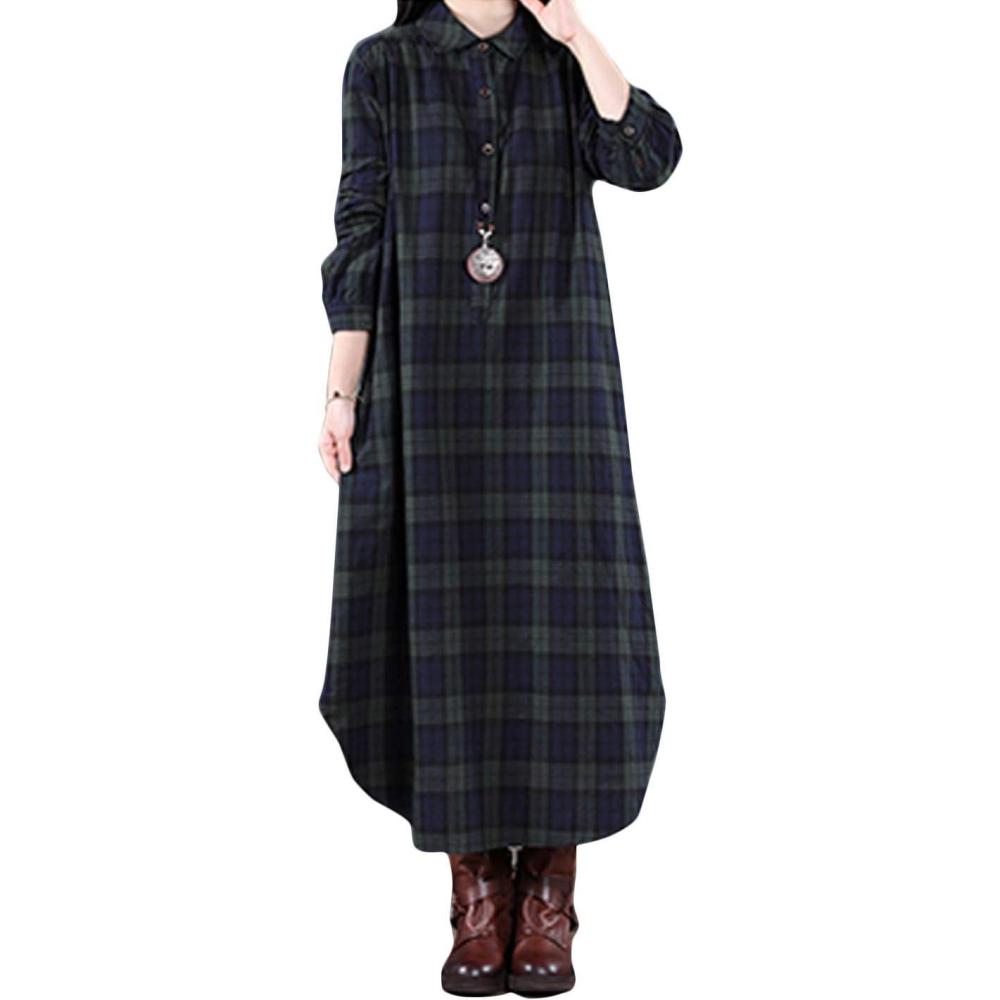 imageFlygo Womens Long Sleeve Button Plaid Long Shirt Loose Casual Midi Dress SleepwearGreen