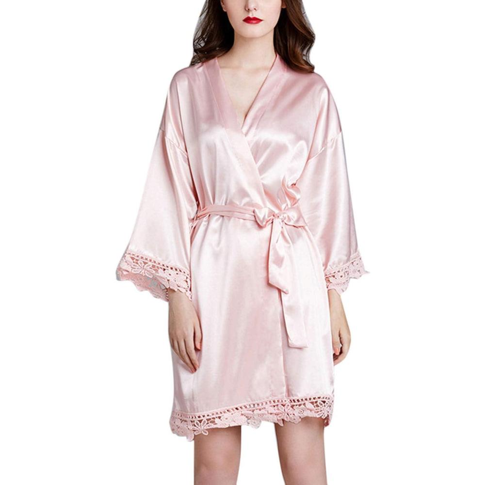 imageFlygo Womens Simulation Silk Stain Lace Bathrobes Kimono Robe Bridesmaid Robes Pajamas Sleepwear NightwearPink