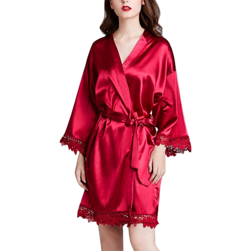 imageFlygo Womens Simulation Silk Stain Lace Bathrobes Kimono Robe Bridesmaid Robes Pajamas Sleepwear NightwearWine Red
