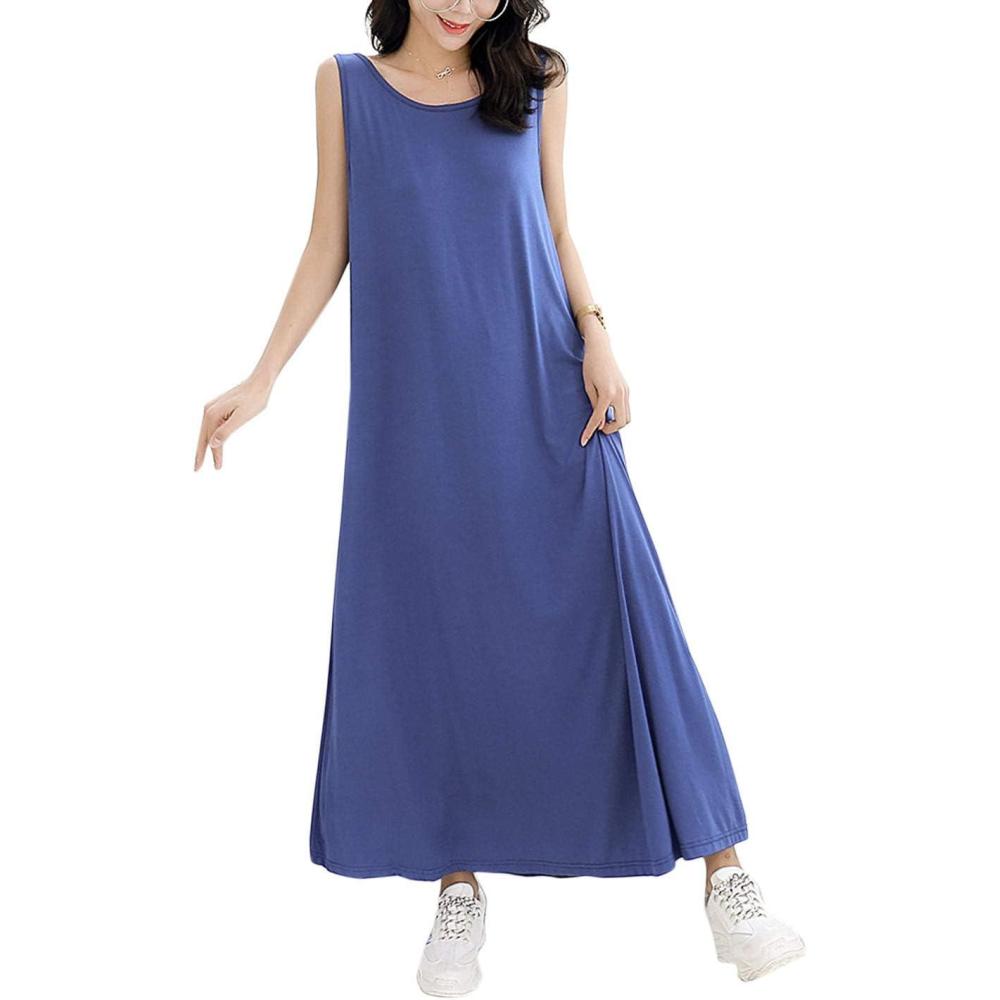 imageFlygo Womens Sleeveless Long Nightgown Summer Full Slips Sleep Dress Soft Sleepshirts Chemise Sleepwear Lounge DressesBlue