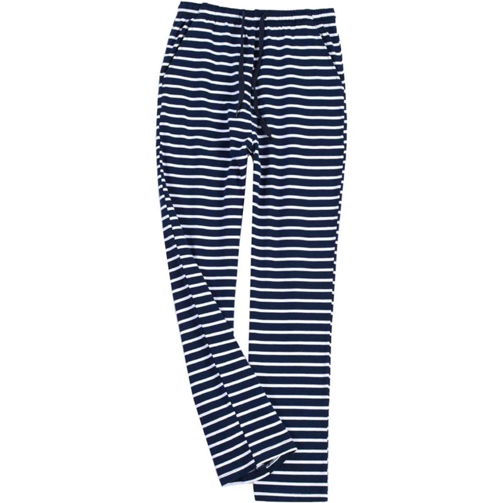 imageFlygo Womens Striped Cotton Pajama Pants Drawstring Loose Yoga Workout Pant with PocketsNavy
