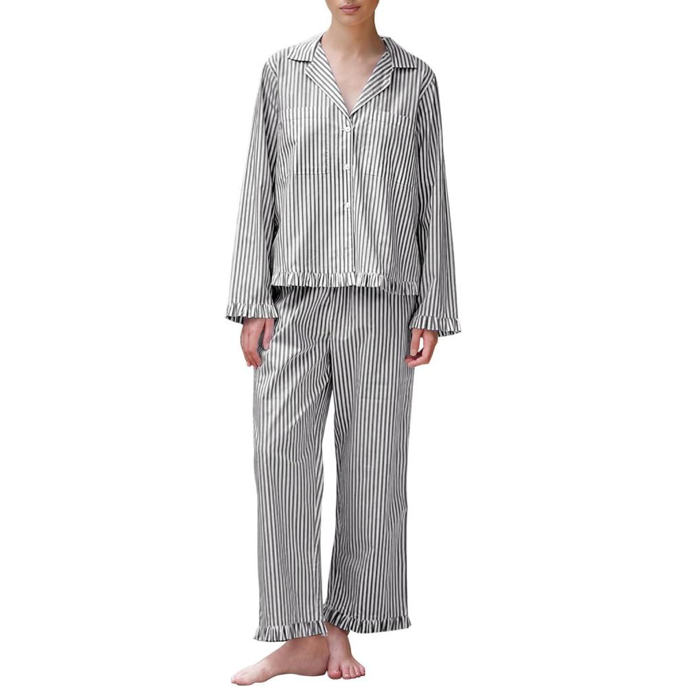 imageFlygo Womens Striped Pajama Sets 2 Piece Cotton Lounge Sets Button Down Top Straight Leg Pants with Pockets Y2K Pj SleepwearBlack