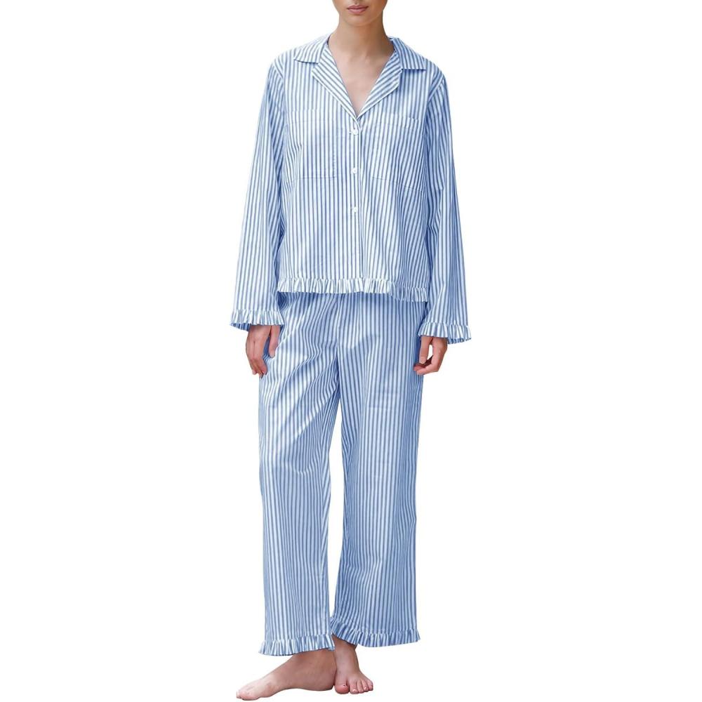 imageFlygo Womens Striped Pajama Sets 2 Piece Cotton Lounge Sets Button Down Top Straight Leg Pants with Pockets Y2K Pj SleepwearBlue
