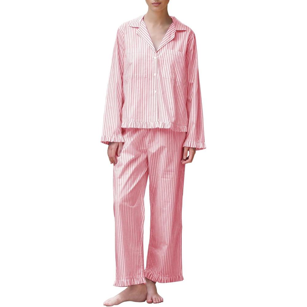 imageFlygo Womens Striped Pajama Sets 2 Piece Cotton Lounge Sets Button Down Top Straight Leg Pants with Pockets Y2K Pj SleepwearOrangered