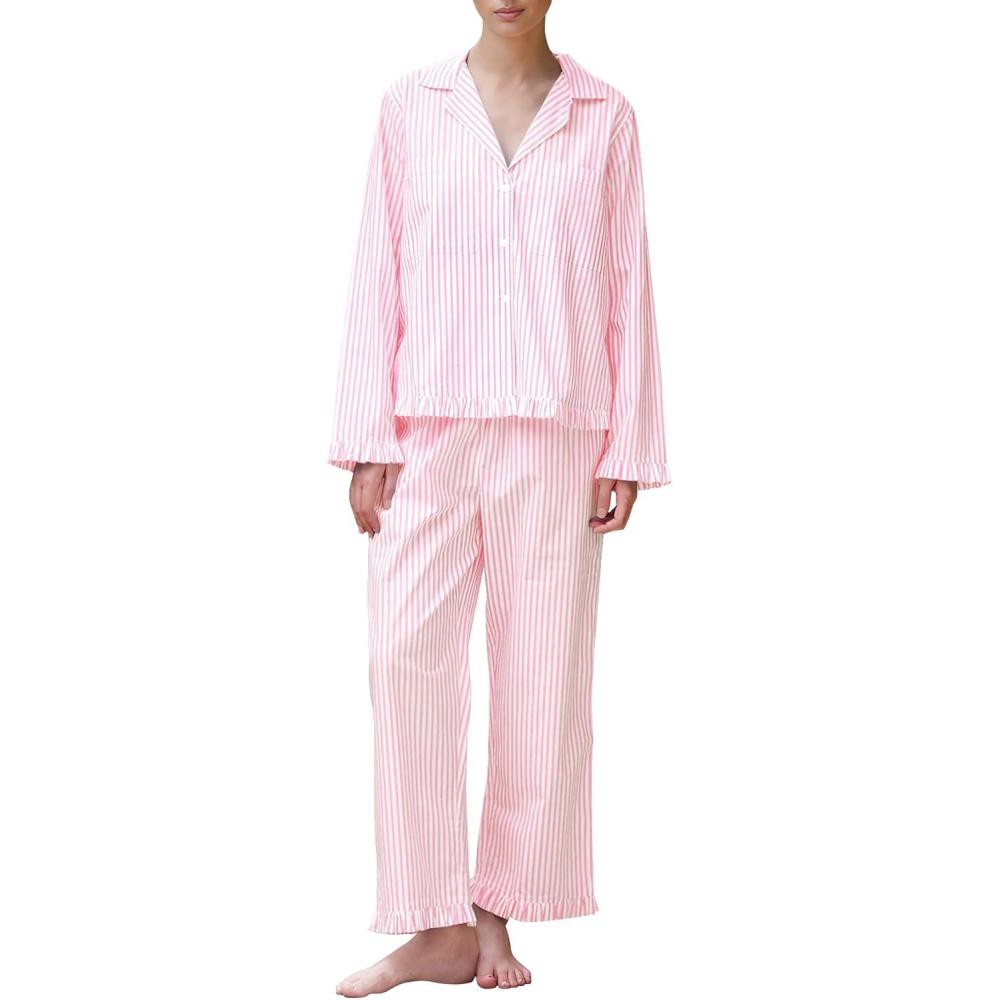 imageFlygo Womens Striped Pajama Sets 2 Piece Cotton Lounge Sets Button Down Top Straight Leg Pants with Pockets Y2K Pj SleepwearPink