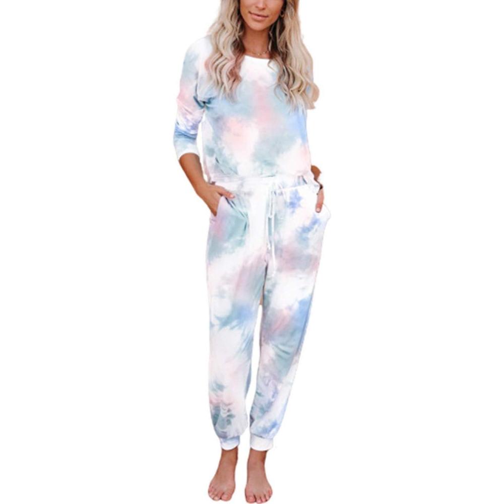 imageFlygo Womens Two Piece Pajamas Tie Dye Printed Long Sleeve Tops and Pants Joggers Sleepwear PJ Sets Nightwear LoungewearColor Blue