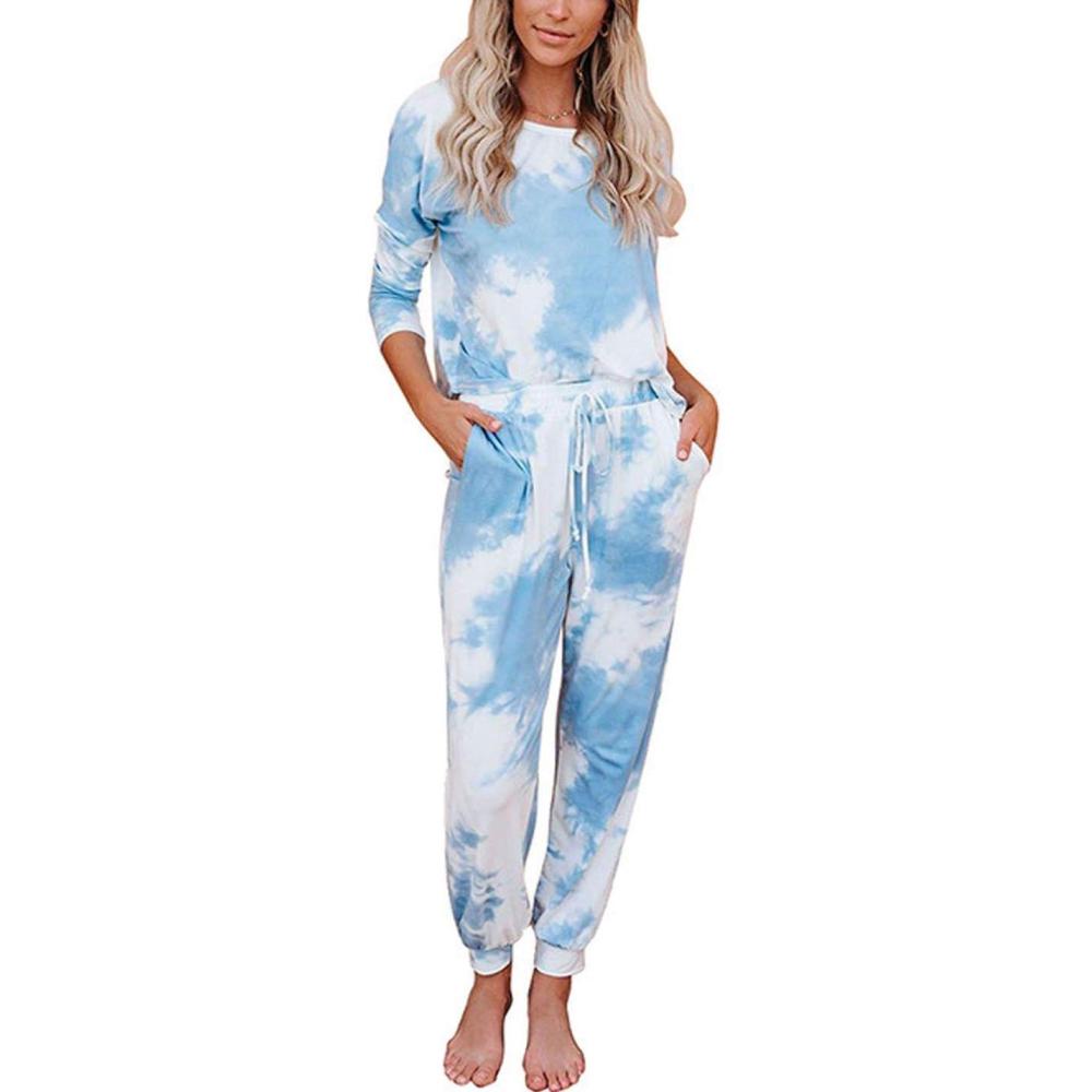 imageFlygo Womens Two Piece Pajamas Tie Dye Printed Long Sleeve Tops and Pants Joggers Sleepwear PJ Sets Nightwear LoungewearLight Blue