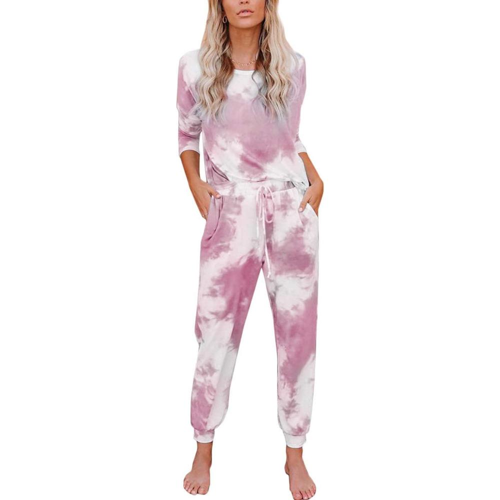 imageFlygo Womens Two Piece Pajamas Tie Dye Printed Long Sleeve Tops and Pants Joggers Sleepwear PJ Sets Nightwear LoungewearPink
