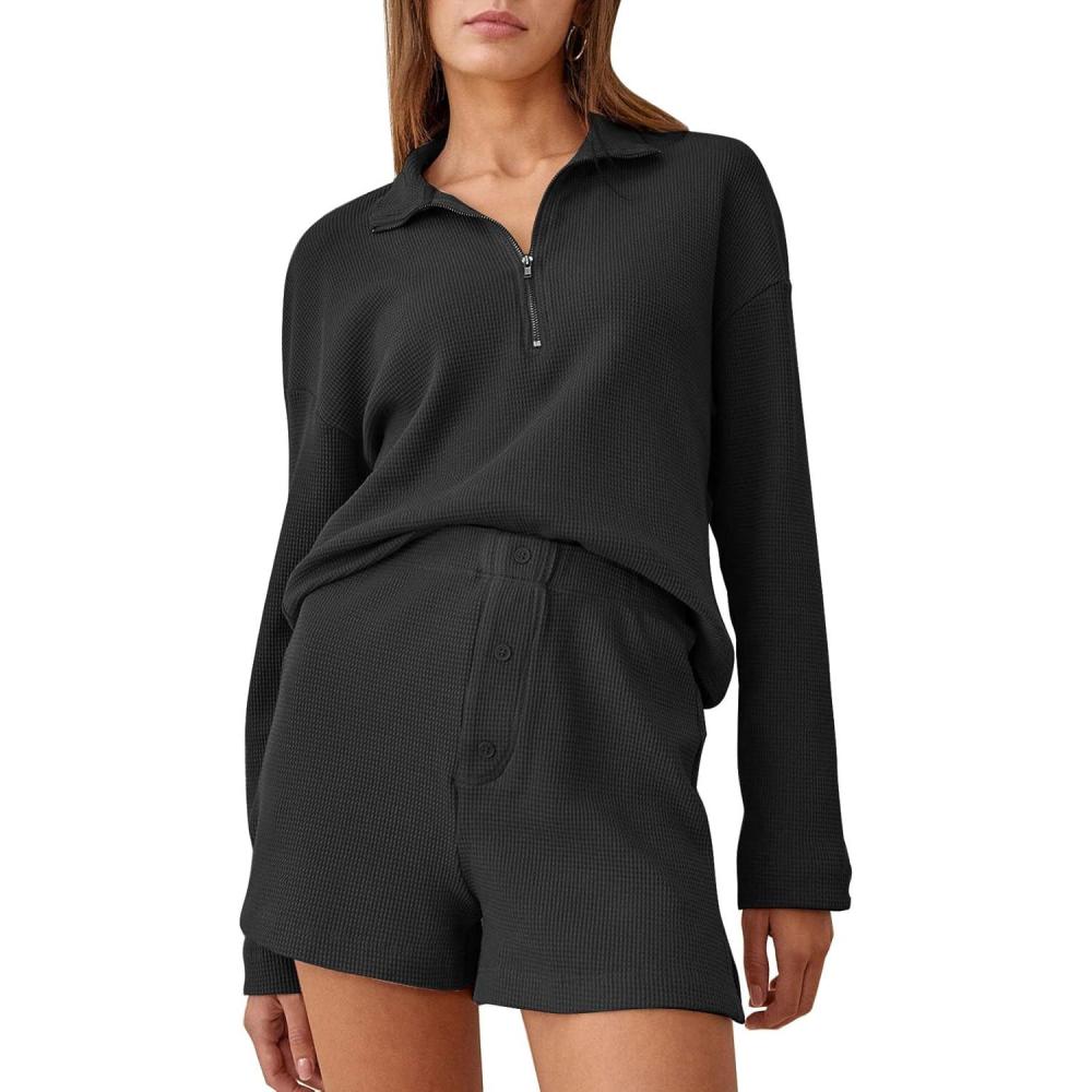 imageFlygo Womens Waffle Knit Pajama Set Long Sleeve Tops and Shorts Matching Lounge Set Loungewear SweatsuitBlack
