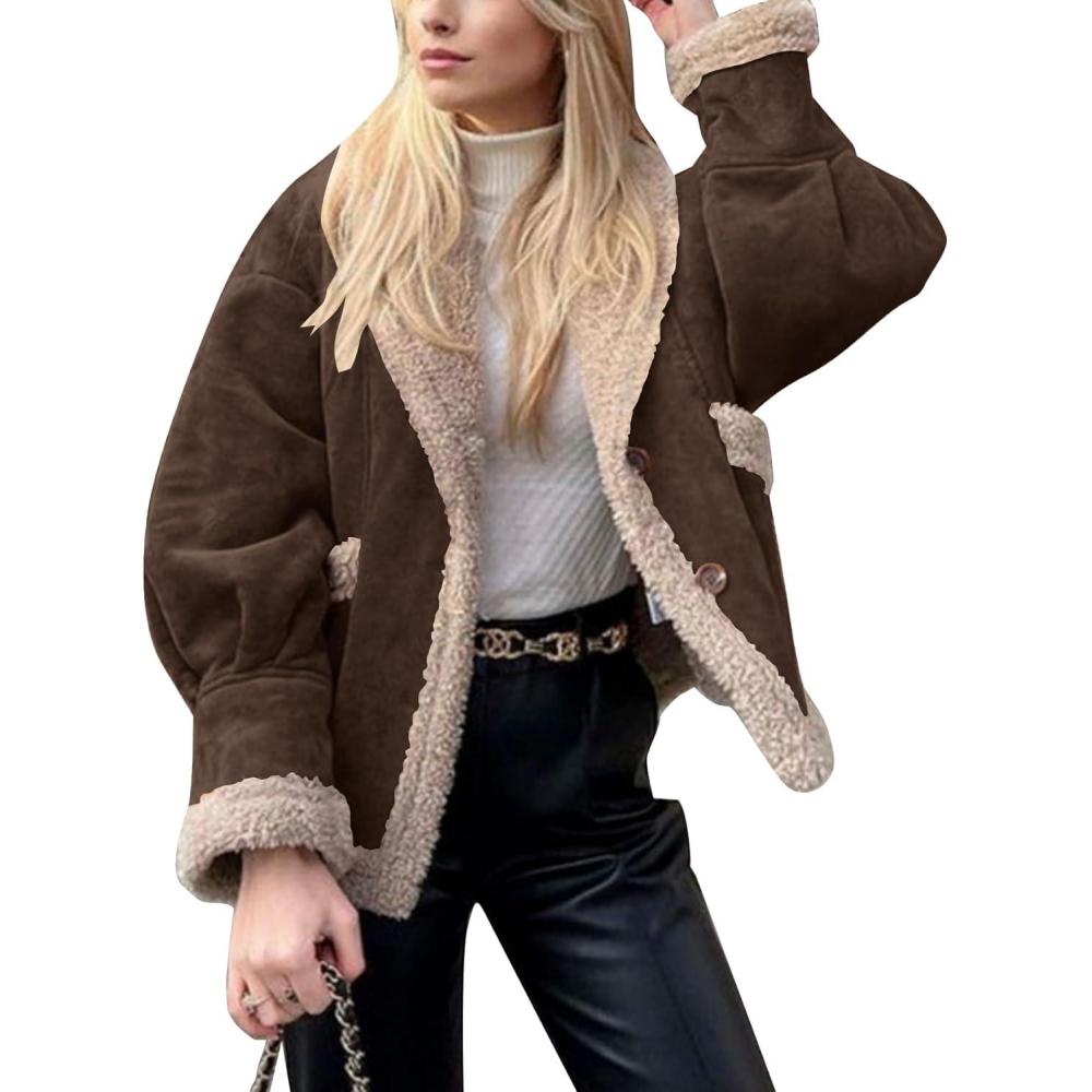 imageFlygo Womens Winter Faux Suede Jacket Sherpa Lined Jacket Button Down Lapel Fleece Jacket Winter Coats with PocketsCoffeeS