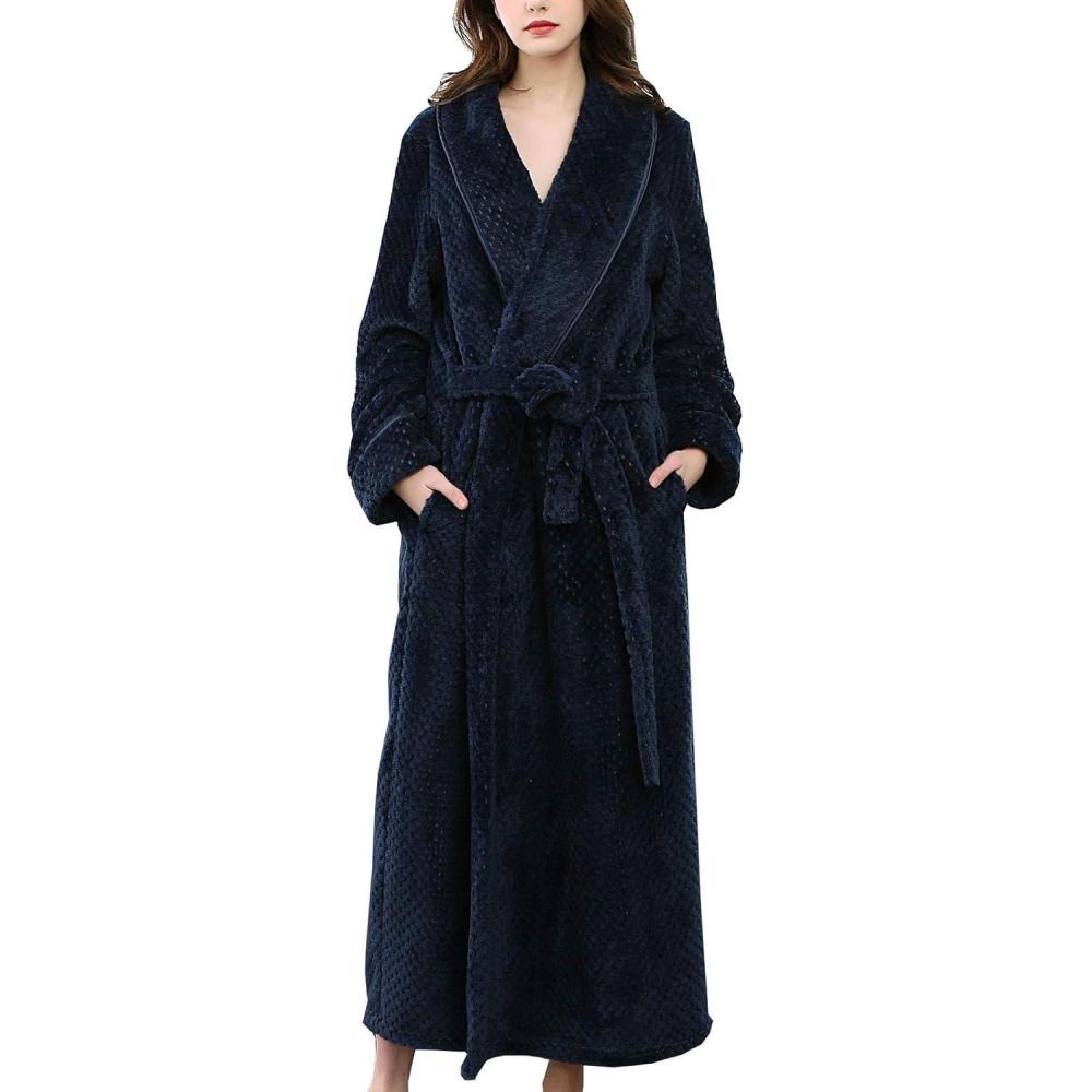 imageFlygo Womens Winter Fleece Plush Bathrobe Long Flannel Sleepwear BeltedNavy
