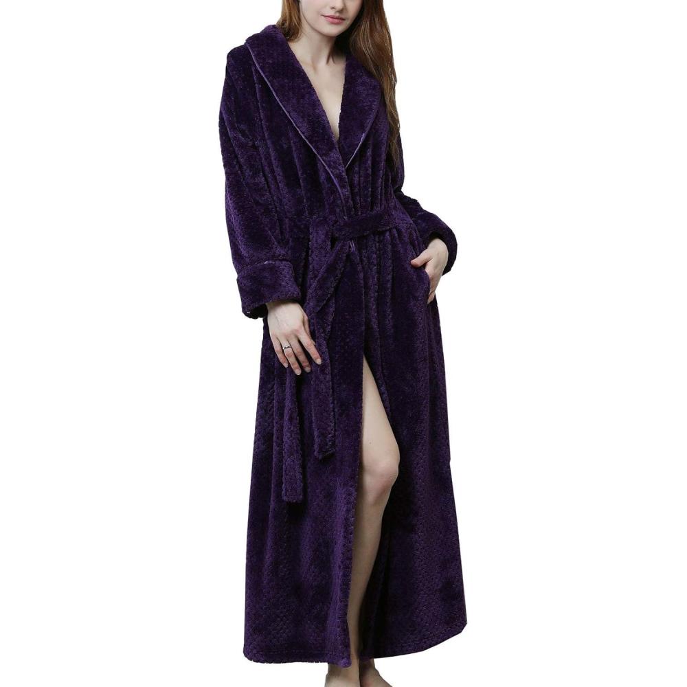 imageFlygo Womens Winter Fleece Plush Bathrobe Long Flannel Sleepwear BeltedPurple