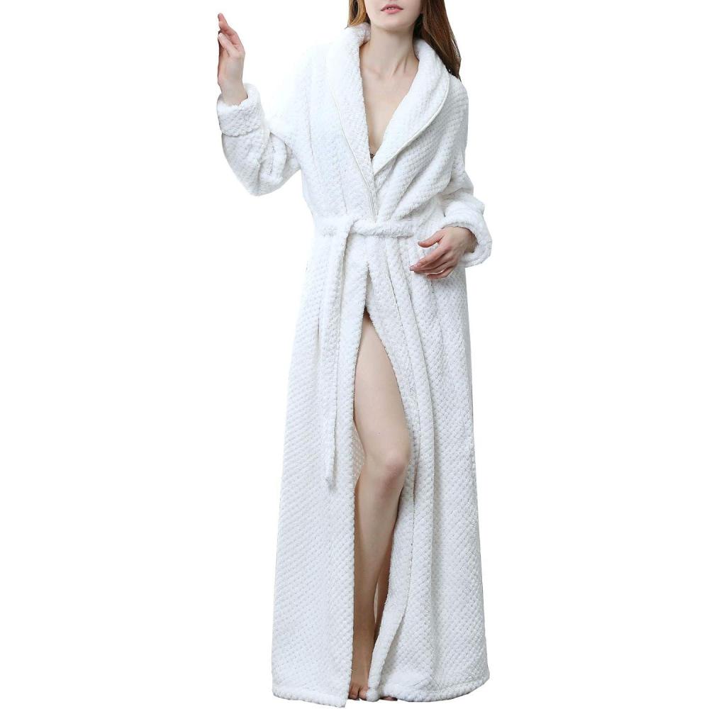 imageFlygo Womens Winter Fleece Plush Bathrobe Long Flannel Sleepwear BeltedWhite