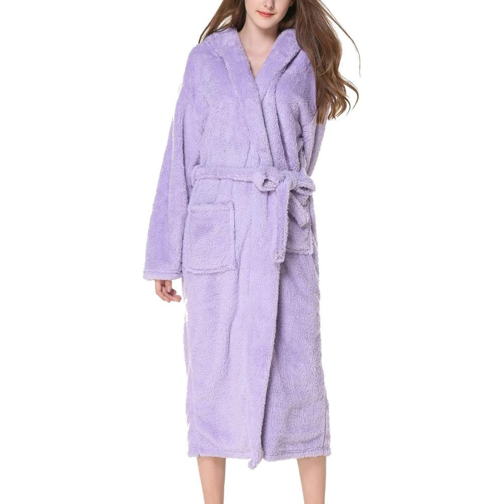 imageFlygo Womens Winter Warm Plush Flannel Long Bath Robe Sleepwear with HoodLilac