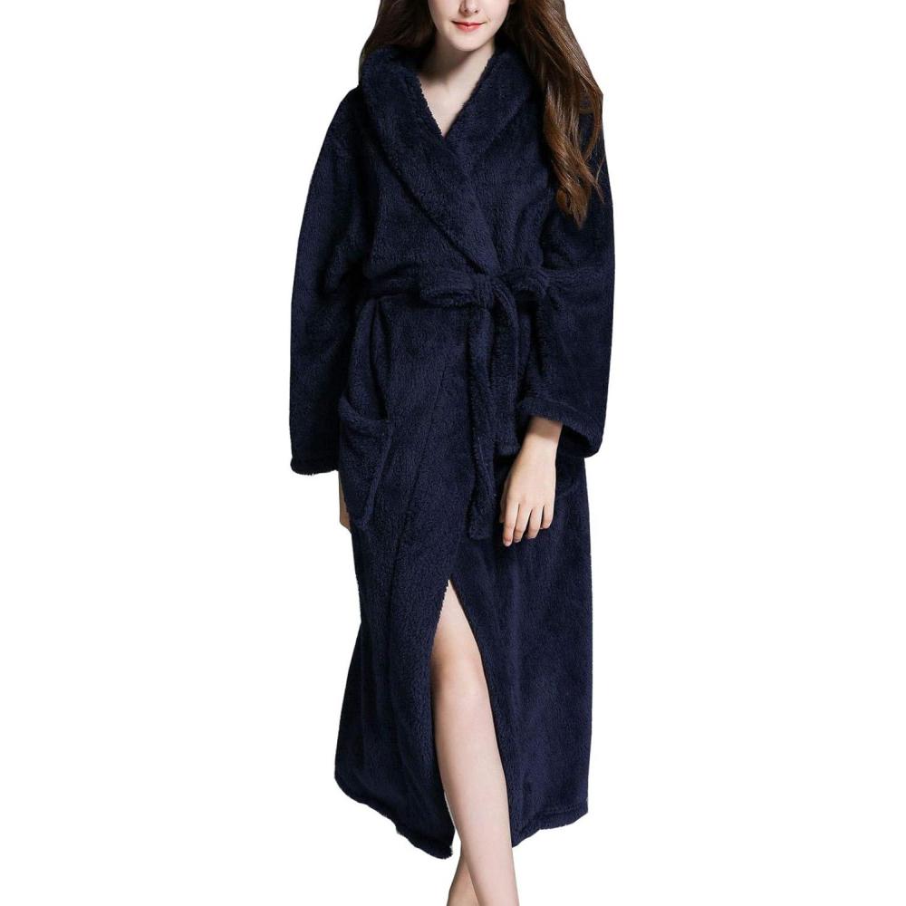 imageFlygo Womens Winter Warm Plush Flannel Long Bath Robe Sleepwear with HoodNavy