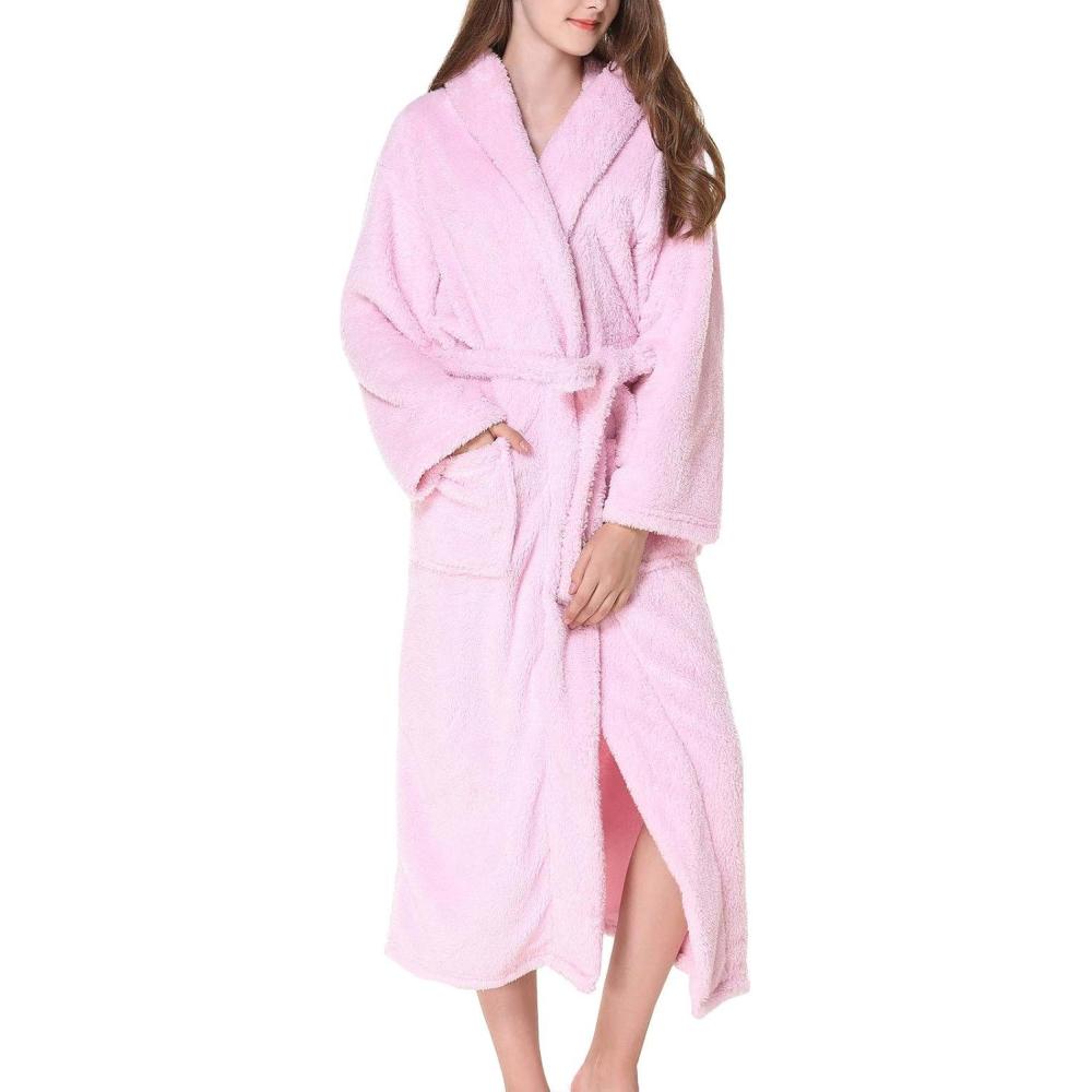 imageFlygo Womens Winter Warm Plush Flannel Long Bath Robe Sleepwear with HoodPink