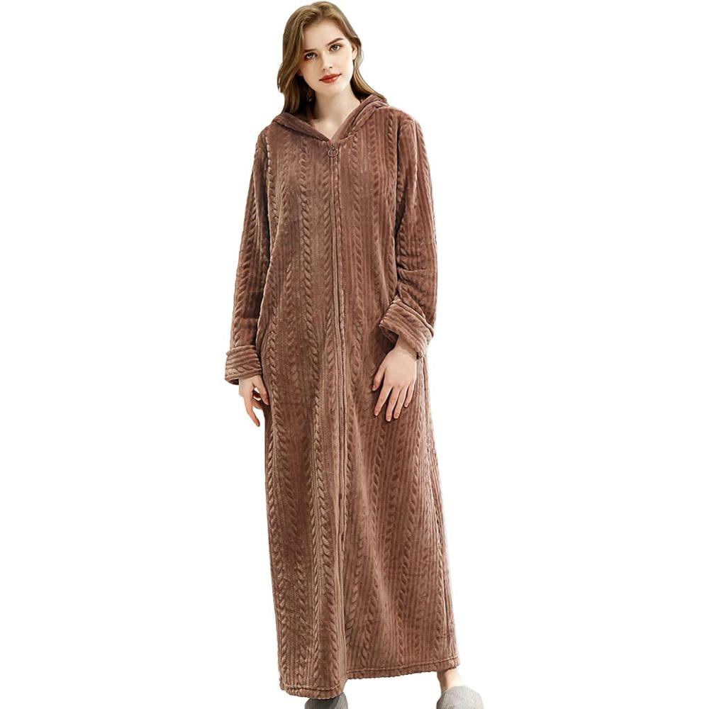 imageFlygo Womens Zip Up Hooded Bathrobe Long Plush Flannel Fleece Robe Housecoat Sleepwear Dressing GownCoffee