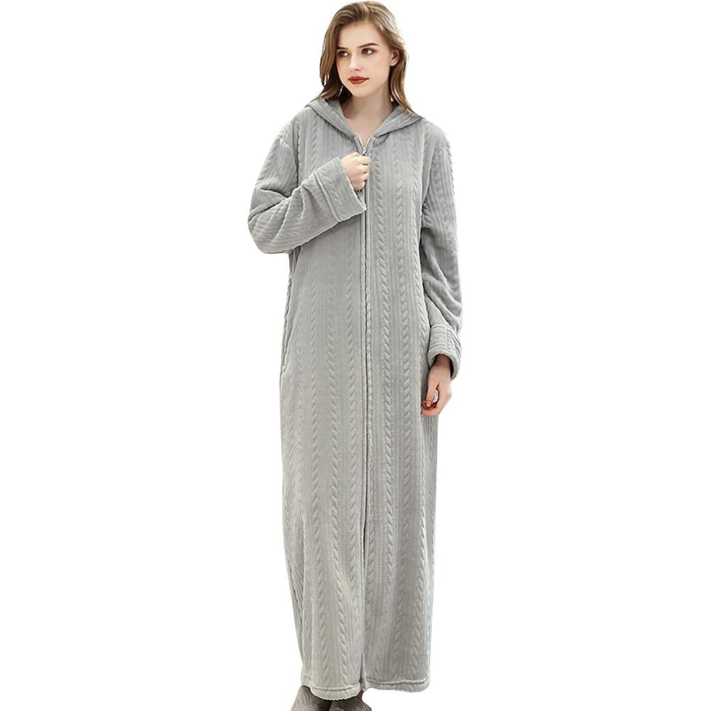 imageFlygo Womens Zip Up Hooded Bathrobe Long Plush Flannel Fleece Robe Housecoat Sleepwear Dressing GownGrey