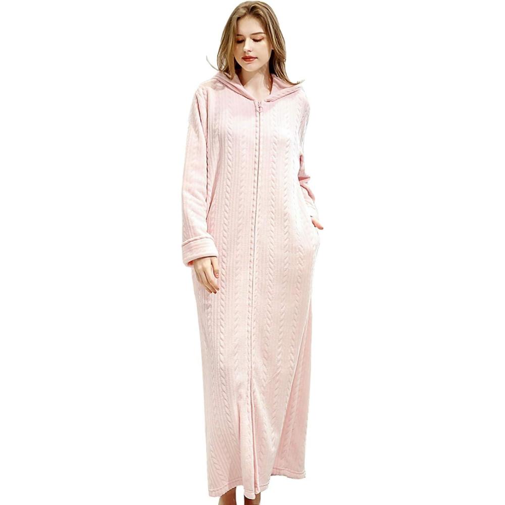 imageFlygo Womens Zip Up Hooded Bathrobe Long Plush Flannel Fleece Robe Housecoat Sleepwear Dressing GownPink