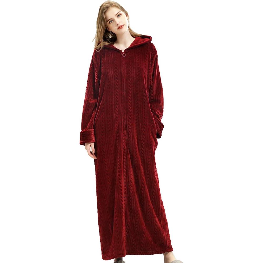 imageFlygo Womens Zip Up Hooded Bathrobe Long Plush Flannel Fleece Robe Housecoat Sleepwear Dressing GownWine Red