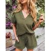 imageFlygo 2 Piece Outfits for Women Cotton Linen V Neck Short Sleeve Shirt Shorts Lounge Set with PocketsArmy Green