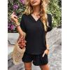 imageFlygo 2 Piece Outfits for Women Cotton Linen V Neck Short Sleeve Shirt Shorts Lounge Set with PocketsBlack