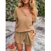 imageFlygo 2 Piece Outfits for Women Cotton Linen V Neck Short Sleeve Shirt Shorts Lounge Set with PocketsKhaki